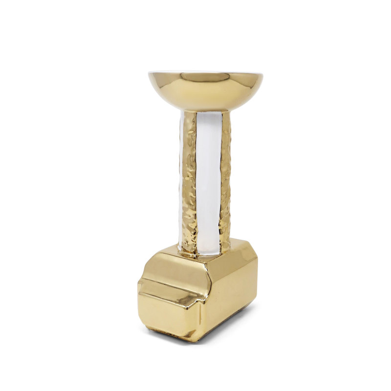 Porte-bougie doré et blanc, H 12,50 po x l 5 po x P 4,30 po