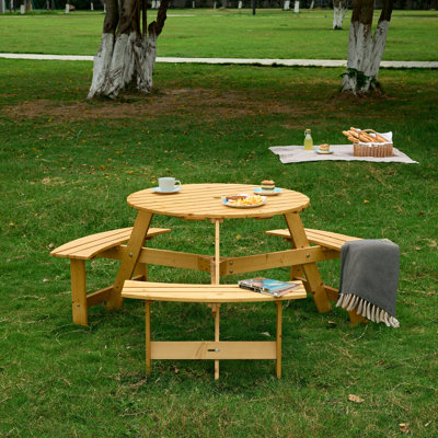 Table de pique-nique ronde pour 6 personnes avec 3 bancs intégrés et un trou pour parasol Natural