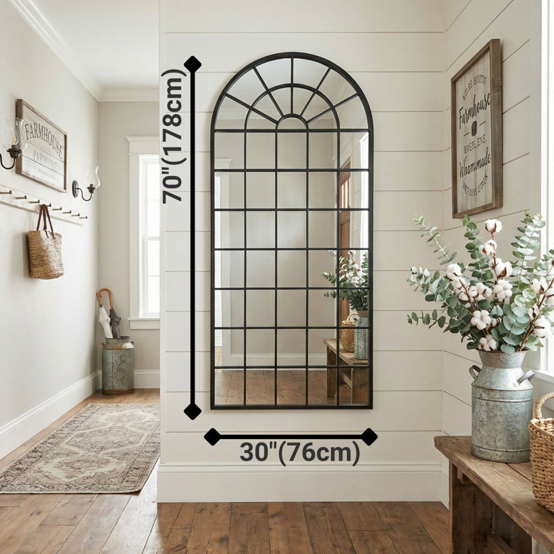 70x30Inch Large Arched Window Pane Mirror| Black Arched Mirrors for Wall & Floor | Arch Mirror Full Length for Entryway Living Room & Bedroom | Oversized Mirrors | Wall Art Decorative |Farmhouse Décor