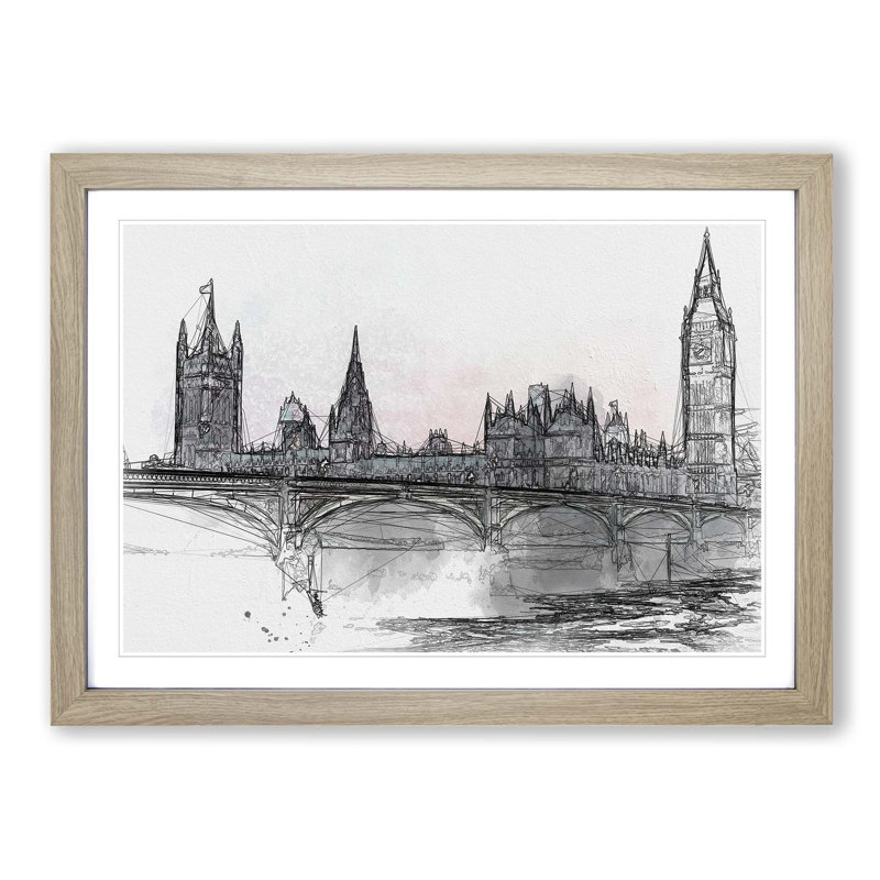 Houses of Parliament & Big Ben in Abstract - Picture Frame Graphic Art Print, Oak Framed, 62cm H x 87cm W x 2cm D
