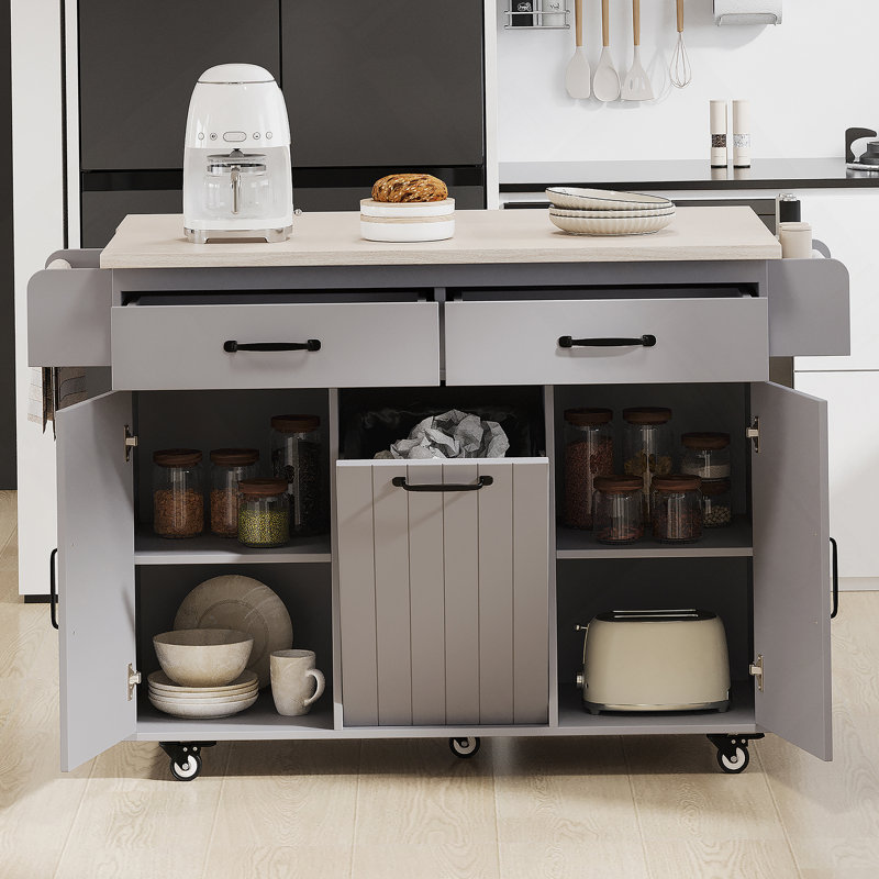 Îlot de cuisine avec armoire de rangement pour poubelle, chariot de cuisine avec abattant, support à épices, porte-serviettes et tiroir, îlot de cuisine sur roulettes avec tablette réglable, gris