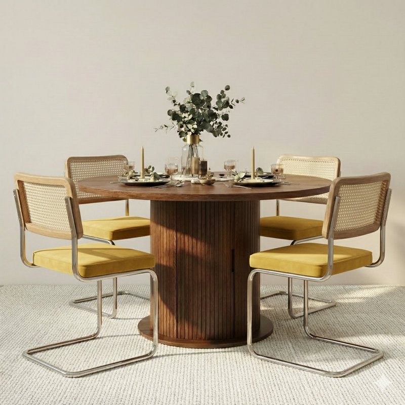 Ensemble de salle à manger à piédestal rond 5 pièces avec chaises cantilever, Jaune
