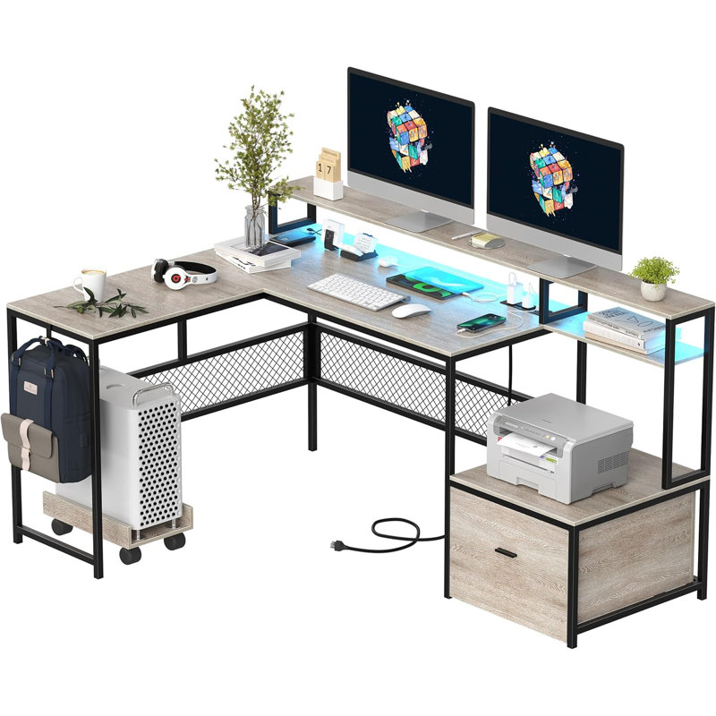 Mehalek L-Shaped Computer Desk with Power Outlet, Dark Brown
