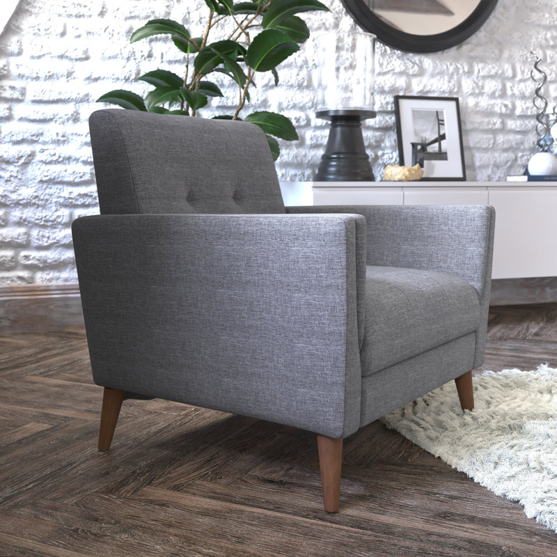 Chaise rembourrée Mid-Century avec pieds en bois, Faux lin gris ardoise