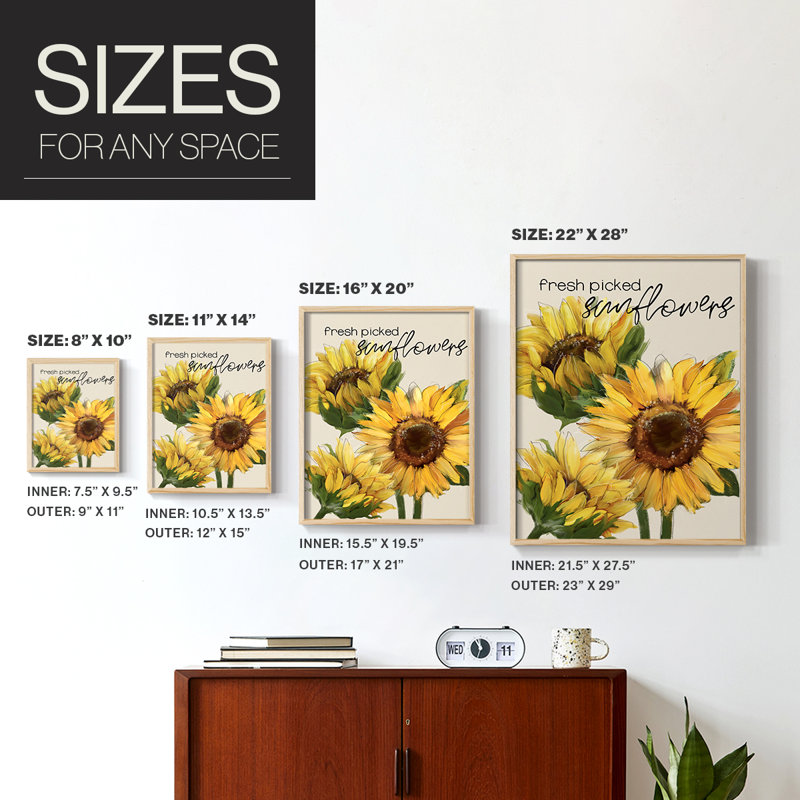 Reproduction encadrée de tournesols fraîchement cueillis - bois massif, H 11 po x l 9 po