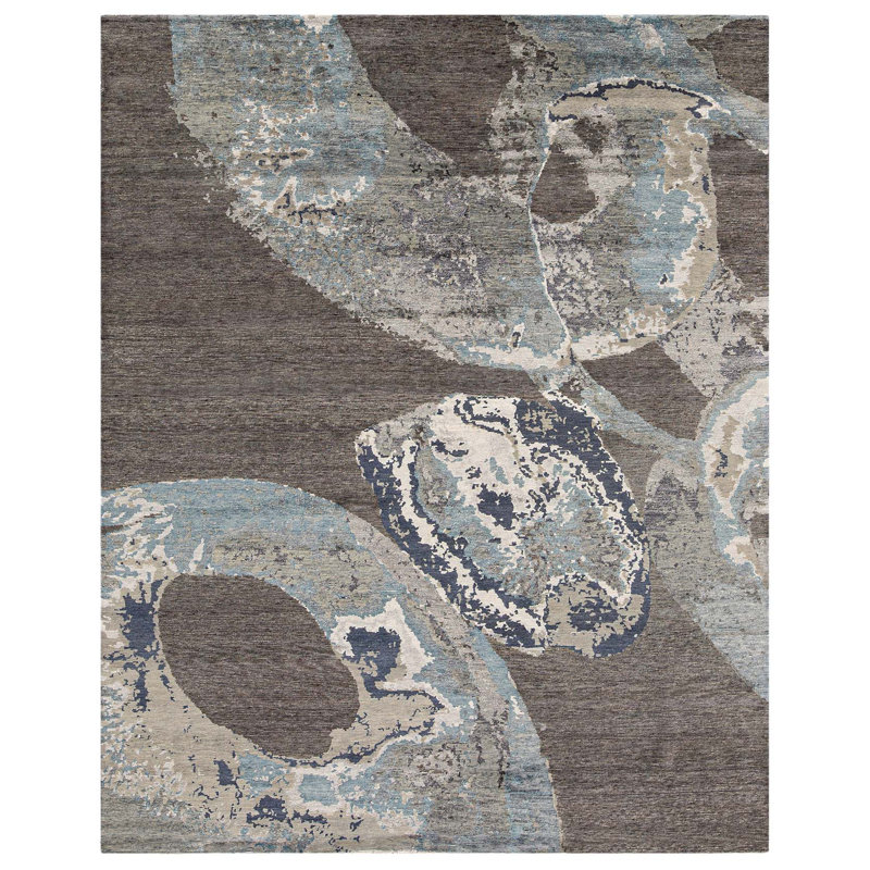 Tapis bleu et gris noué à la main de haute qualité