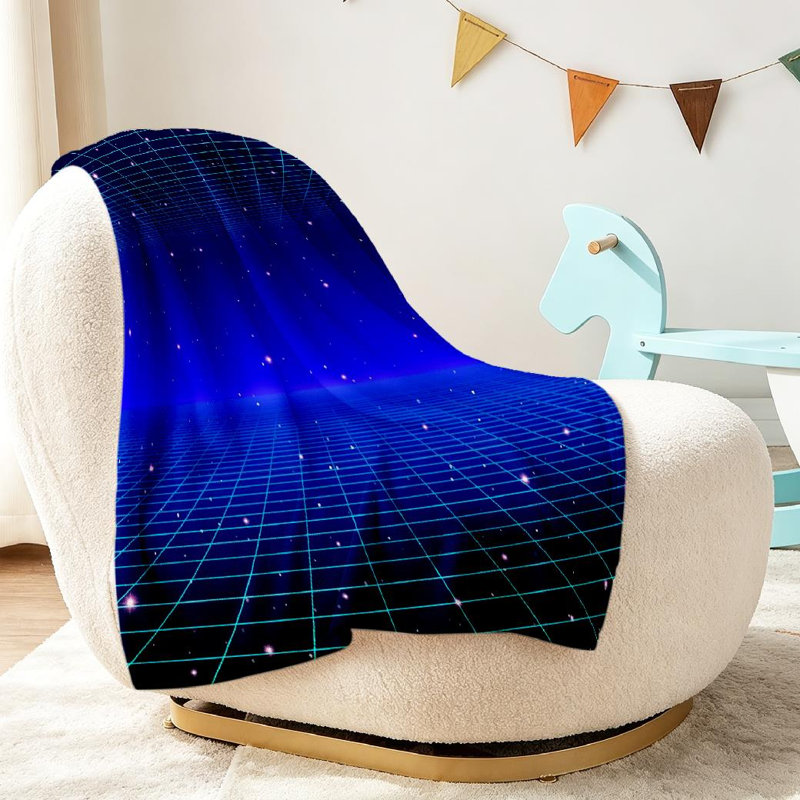 Jeté polaire bleu en flanelle ultra doux, néon rétro avec grille et imprimé recto, Throw 30" x 40"