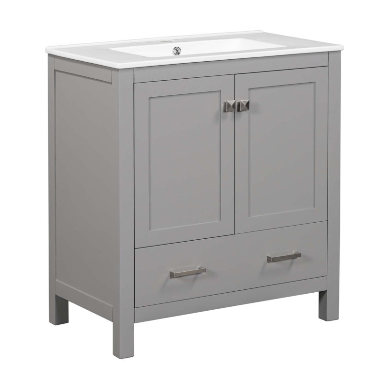 Meuble-lavabo avec lavabo simple, 2 portes à fermeture douce et 1 tiroir, Nickel brossé, Gris