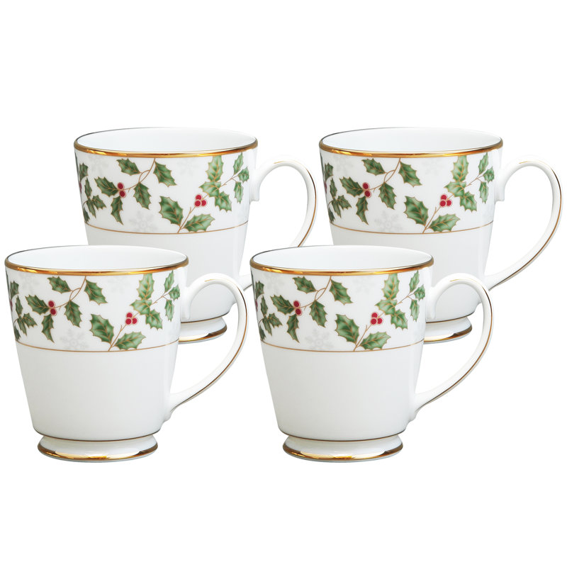 Noritake Holly and Berry Gold Coffee Mugs, 12 oz.