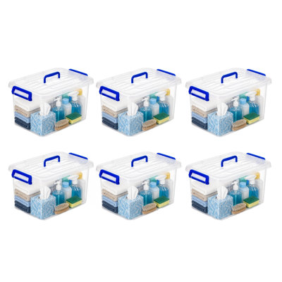 Basicwise Plastic Organizer Box Set - 6 Pack Stackable Clear Totes with Snap Handles, Latching Lid, Transparent Containers for Home, Garage, Closet, Office Organization - Durable Storage Solution