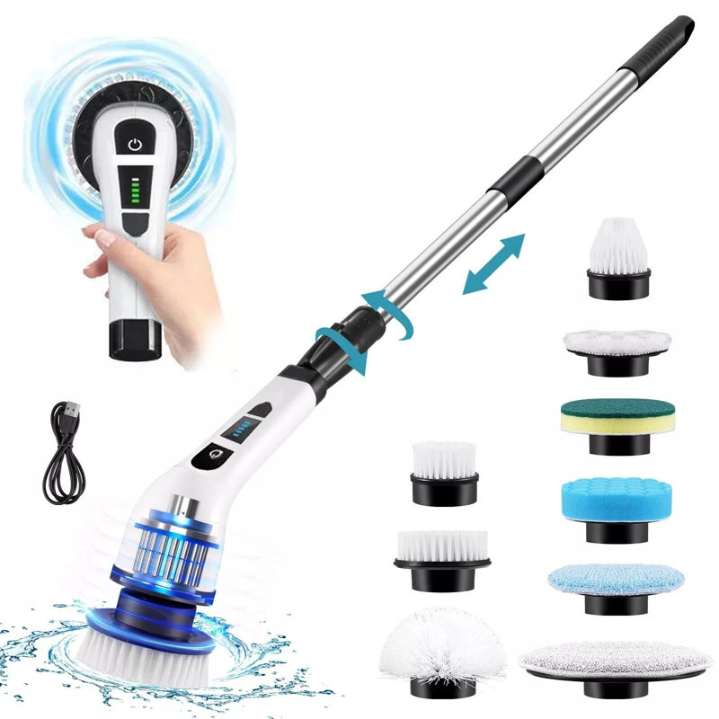 Cordless Electric Cleaning Brush, Shower Scrubber 2 Speeds, 9 Brush Heads,Adjustable Long Handle for Bathroom, Tub, Kitchen, Tile