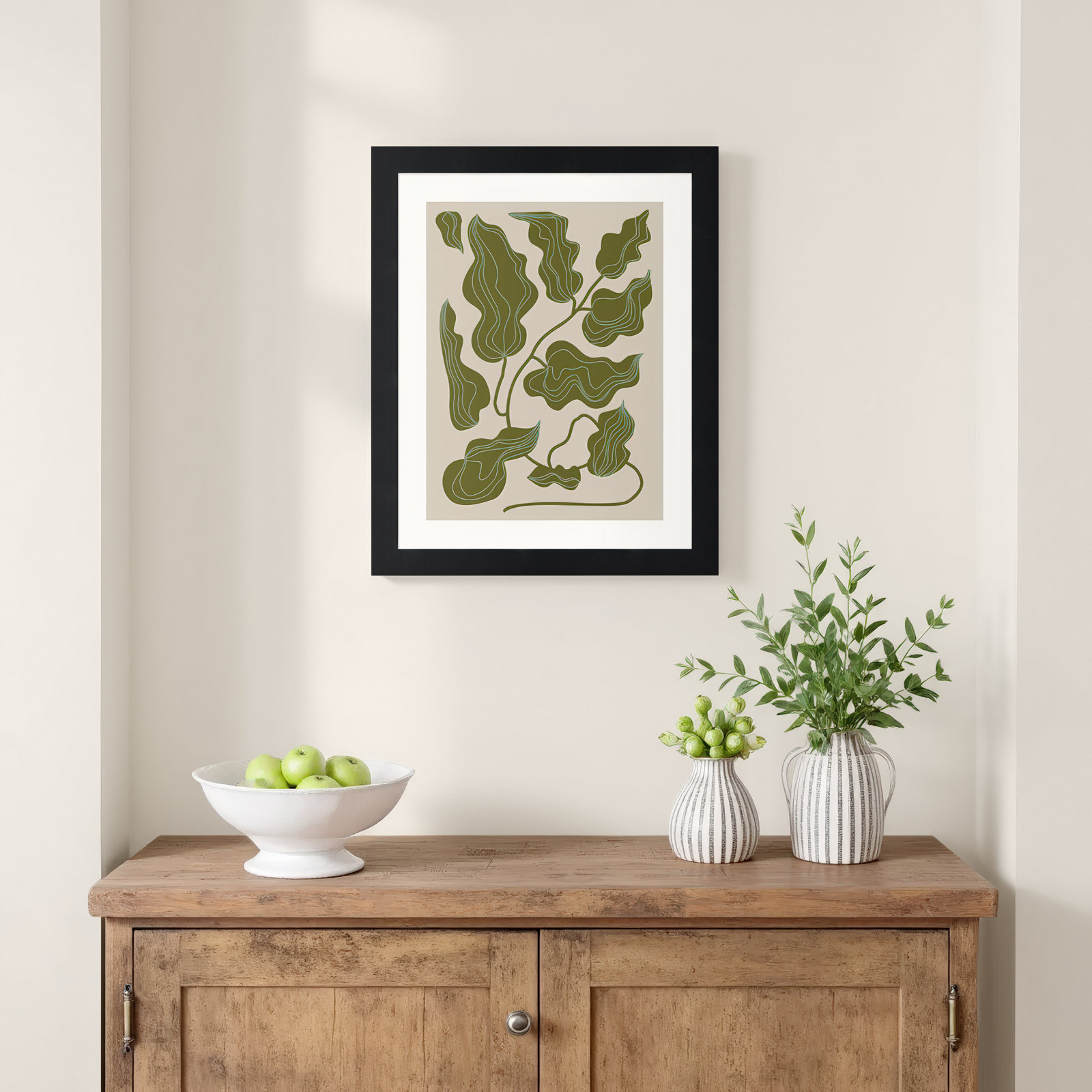 Expressive Abstract House Plant Green Print, Black, 13" H x 11" W x 1" D
