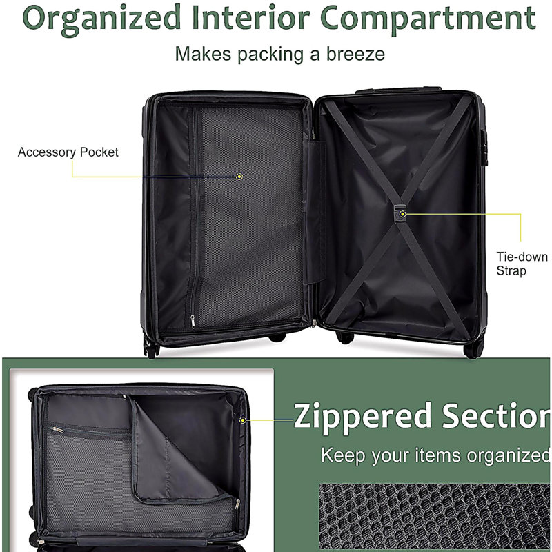 Ensemble de bagage à main 20 pièces 3 pièces avec roulettes, valise rigide en ABS, Vert