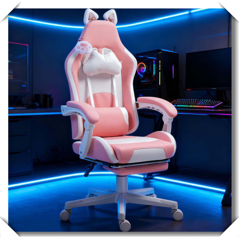 Gaming Chair Footrest Headrest Lumbar Support Reclining Swivel, Pink/White, White