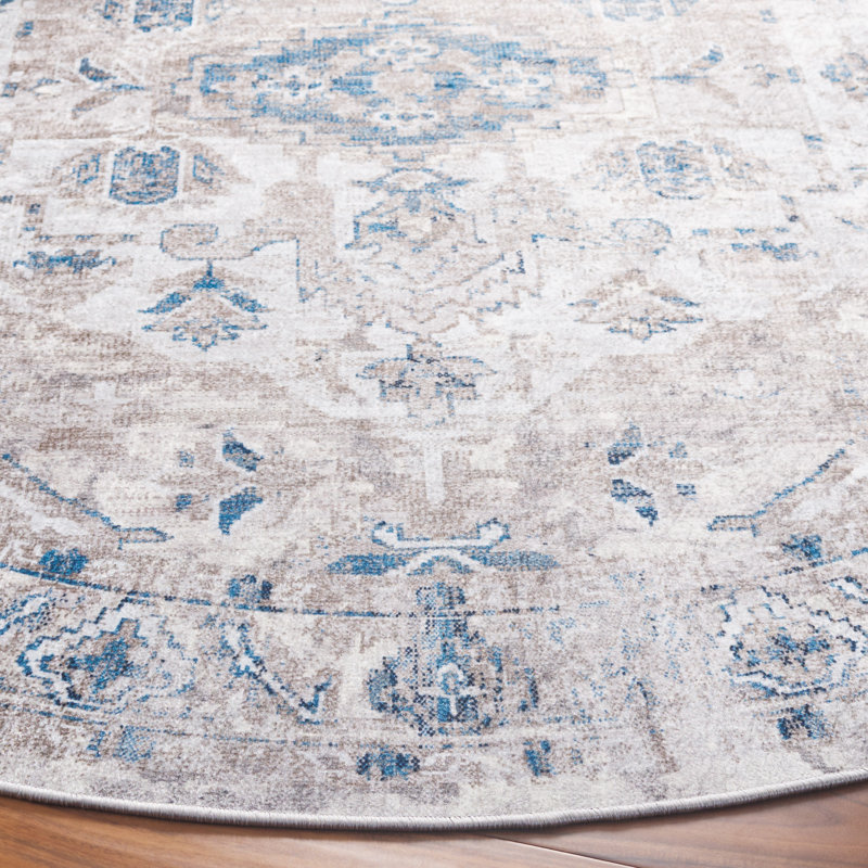 Yamiyah Orlando Felt/Velvet/Laminated Film Machine Washable Southwestern Rug in Grey/Blue, Round 6'7"