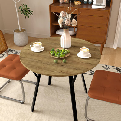 Table de salle à manger ronde 35,43 pouces, petite table de cuisine circulaire avec pieds en métal noir pour 2 à 4 personnes, table de salle à manger moderne, brun (table seulement)