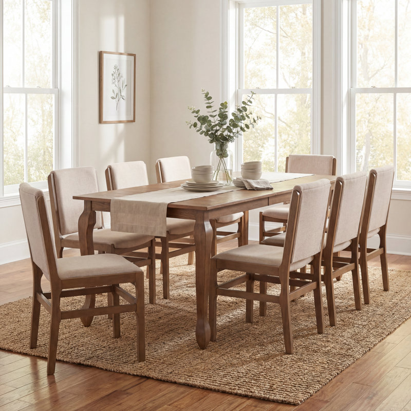 Ensemble de table de salle à manger extensible en bois d'hévéa 9 pièces avec chaises rembourrées Alagie, Noyer, Beige / noyer