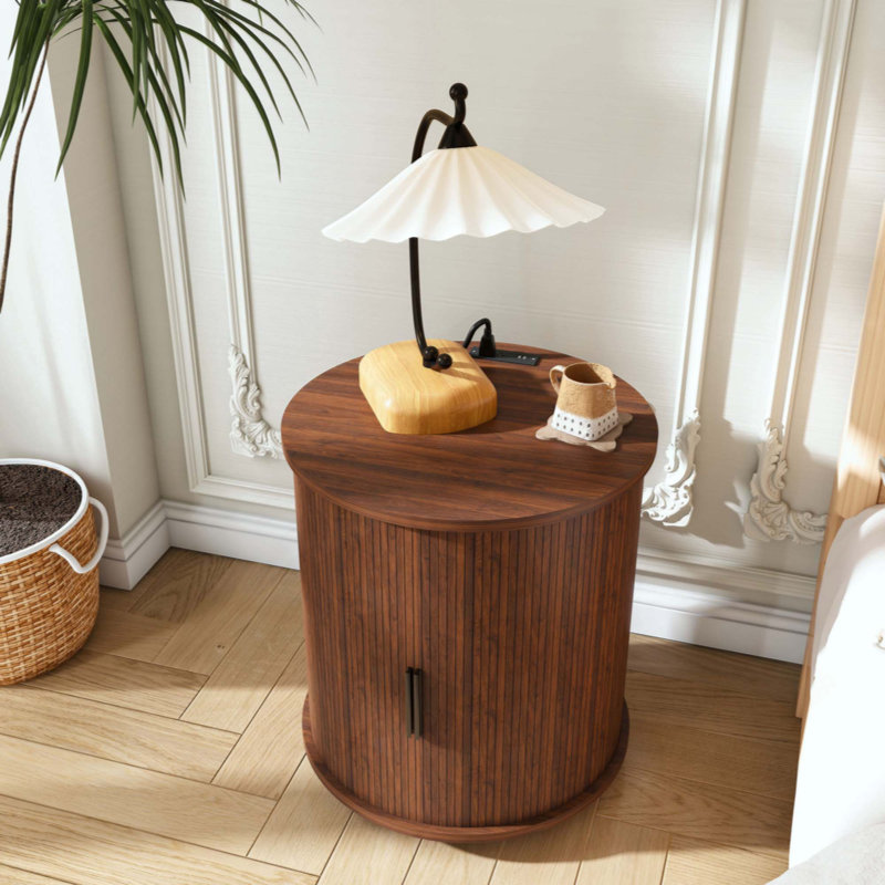 Mid Century Modern Cylinder End Table With Built-In Charging Station & Sliding Door, 2-Tier Storage Round Nightstand With USB Ports, Bedside Table For Living Room, Bedroom, Entryway