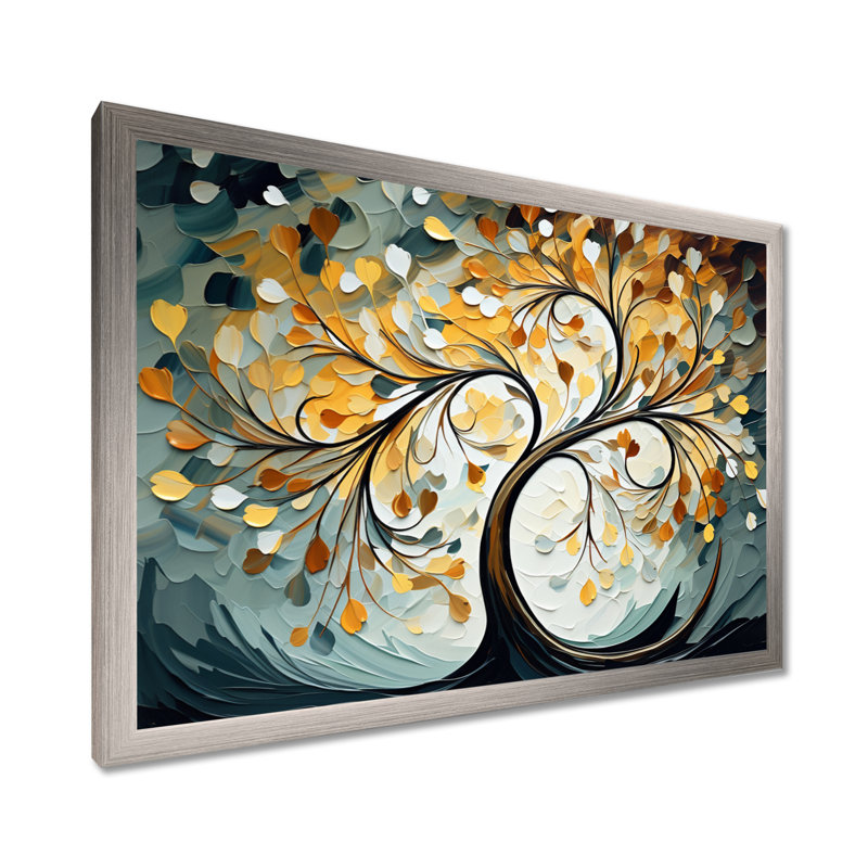 Arbre jaune majestueux jaune et gris - arbres, art mural, H 12 po x l 20 po x P 1 po, Cadre simple argenté