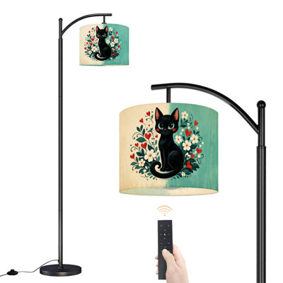 Arc Floor Lamp Cute Black Cat Floral Wreath Heart Accents Vintage Pastel Style Floor Lamps with Remote LED Lights Adjustable Lamp Shades Tall Standing Lamps for Reading Office Living Room