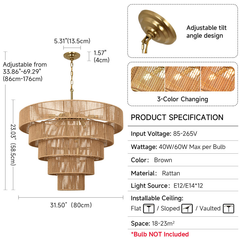 Luminaire de lustre en rotin Boho, 5 Tiers, 12 lumières