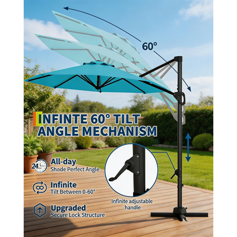 Parasol extérieur en porte-à-faux, rotation à 360 degrés, avec base incluse, Blue