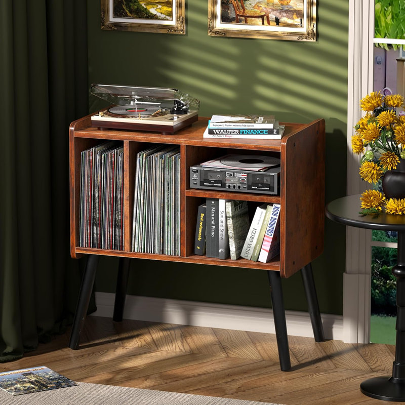 Vinyl Record Player Stand with Storage Holds 150+ Albums Mid-Century Turntable Side Table