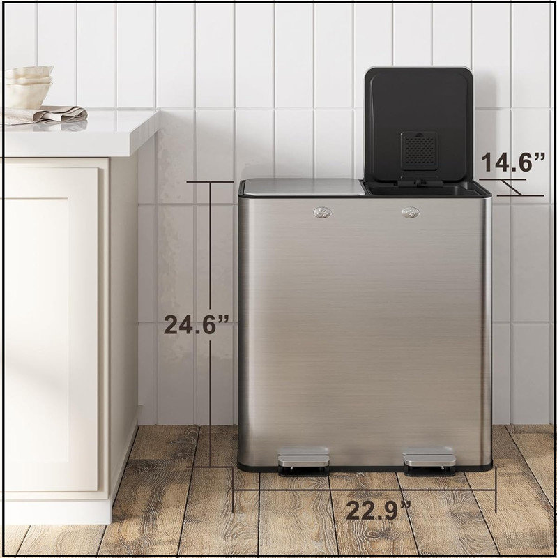 Large Dual Trash Can 2 x 8 Gallons with Plastic Inner Buckets - 60 Litres Stainless Steel Kitchen Double Trash Can,2 Compartment Trash Can Combo Garbage Bin with Separated Lid and Foot Pedal for Kitchen