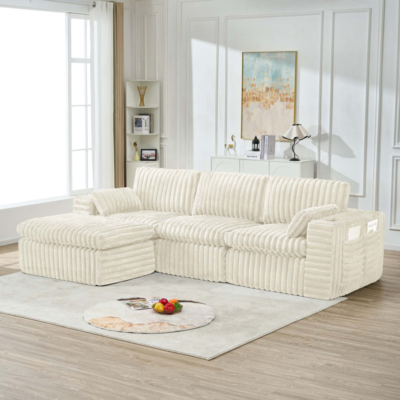 Luxury Ribbed Chenille Upholstered Modular Sectional Sofa With Ottoman, Ivory Chenille