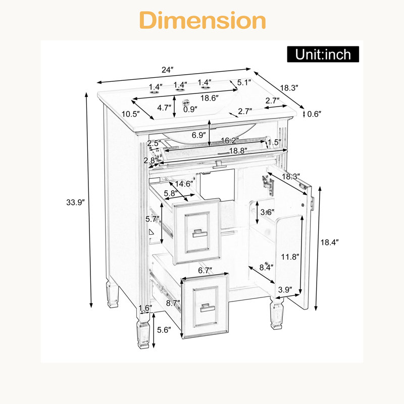 Meuble-lavabo de 24 pouces avec lavabo, armoire en bois massif et panneau de fibres à densité moyenne avec un tiroir rabattable, deux tiroirs standard et une tablette réglable