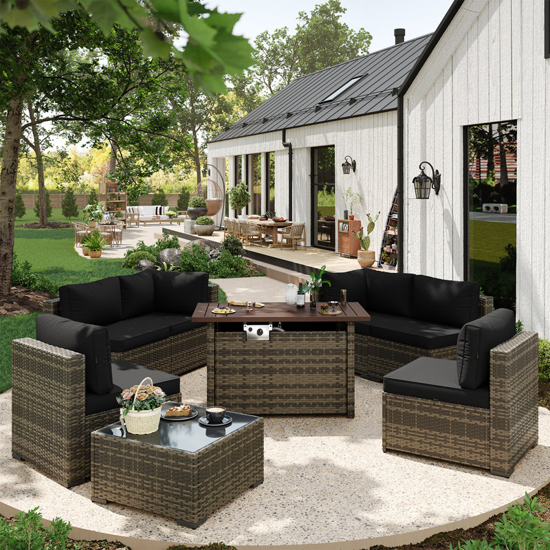 Caradog Wicker 6 - Person Patio Conversation Sets with Cushions, Coffee Table and 44" Fire Pit Table