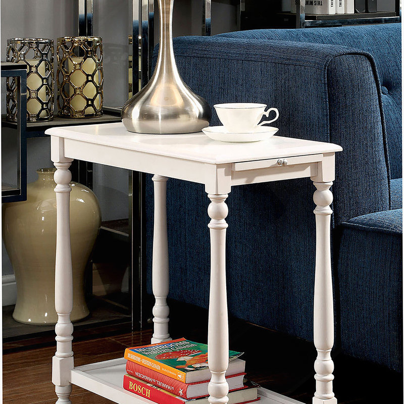 Table d'appoint transitionnelle blanche 1pc avec tablette ouverte cachée et pieds tournés