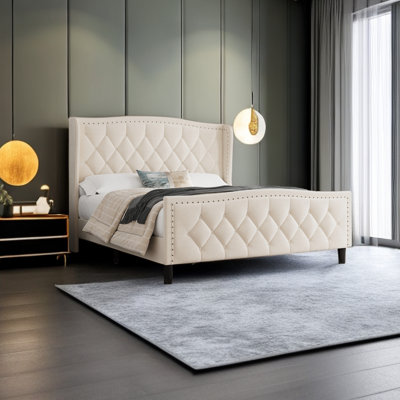 Structure de lit moderne en velours pleine grandeur - Plateforme rembourrée avec tête de lit à oreilles, réduction du bruit, pas de sommier tapissier, méthode d'assemblage facile