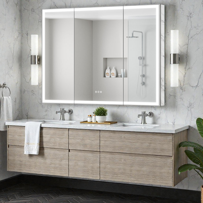 Tempered-Mirror Medicine Cabinet with Lights, Modern Edge-Lit Strip, Plug-in/Hardwired, Anti-Fog/3 Colors/Dimmable, Outlets&USBs, ETL Listed, Surface Mount/Recessed