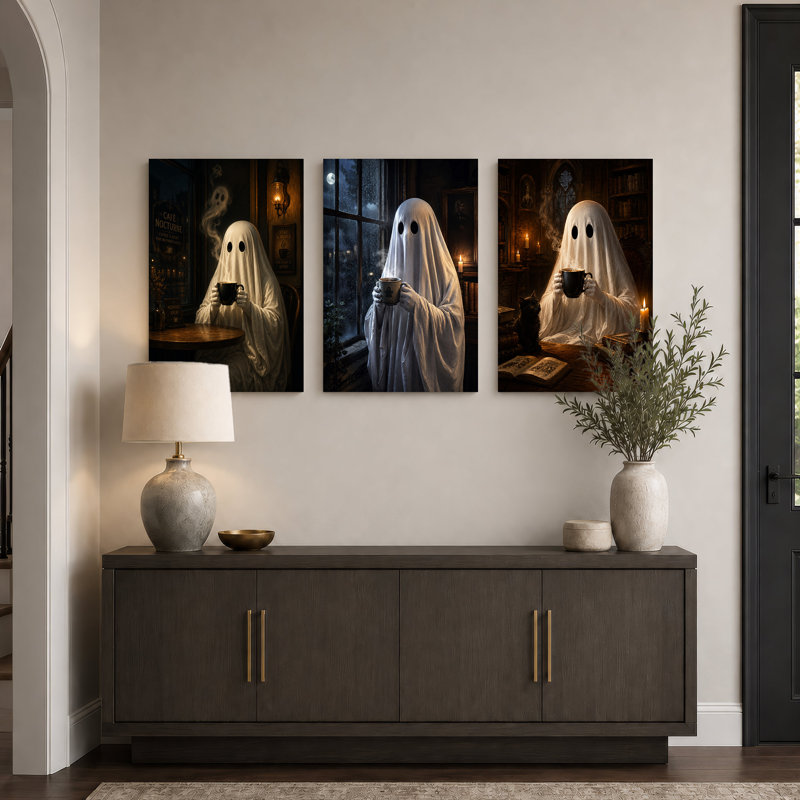 Ensemble de 3 toiles blanches fantômes buvant du café à l'Halloween, 24"H x 16"W x 3pcs
