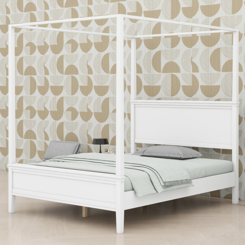 Structure de lit à baldaquin avec assemblage sans effort et charme campagnard de style Mid-Century, Grand lit, White