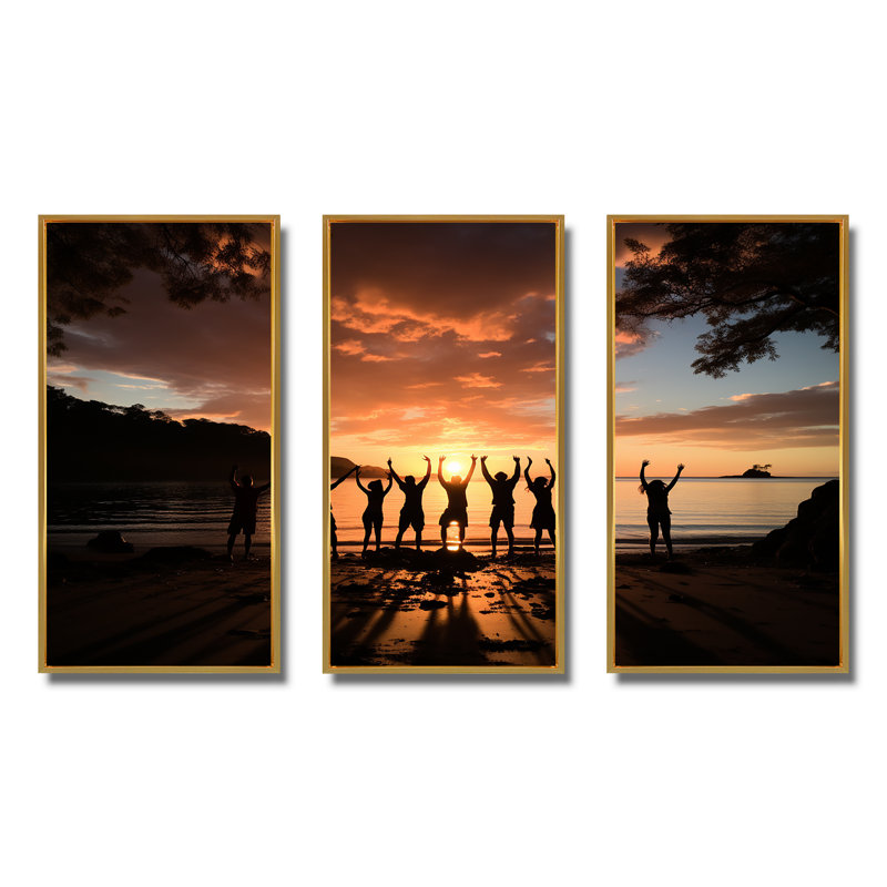 «Adventurous Beach Yoga Energy - Yoga, art mural», Cadre flottant doré, H 40 po x l 61 po x P 1 po