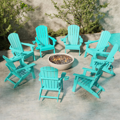 Set of 8 Folding Adirondack Chair Set – All-Weather HDPE Outdoor Lounge Chairs with Cup Holders, Classic Firepit Seating for Patio, Backyard, Deck, or Garden