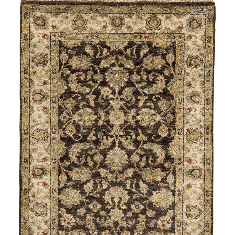 Tapis brun et crème noué à la main de haute qualité, Tapis de couloir 2 pi 6 po x 20 pi