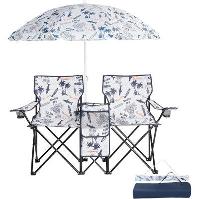 Double chaise de camping pliante avec porte-boisson pour parasol, sac de transport, table pliante, grande capacité de charge pour patio, piscine, parc, motif de requin extérieur