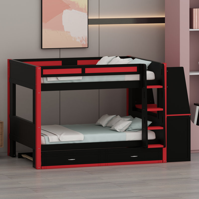 Structure de lit superposé peu encombrante conçue avec un espace de travail d'étude, des tablettes ouvertes, des lumières DEL ambiantes et un lit gigogne caché