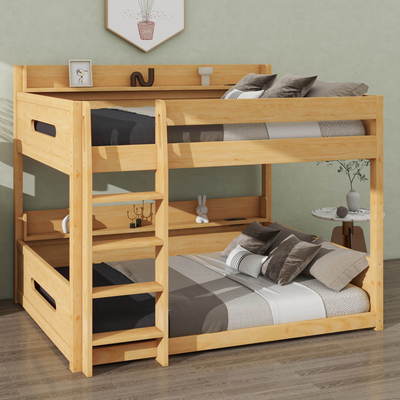 Queen-Over-Queen Bunk Bed With Built-In Storage Shelves & USB Charging Ports, Wood
