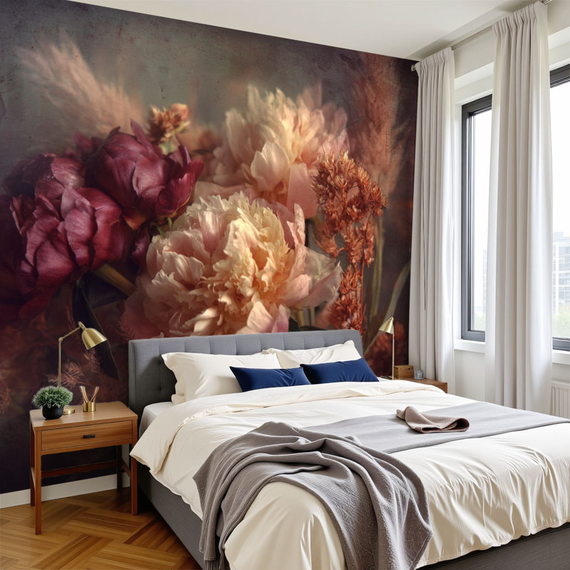 Papier peint adhésif rétro vintage Moody Botanical Oil Art, tons de bourgogne riche, 69 po x l 96 po, amovible, papier mural en PVC, décoration murale auto-adhésive pour chambre à coucher, bureau à domicile
