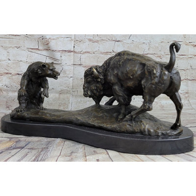 Joliee Bear Vs. American Buffalo Bison Bronze Metal Statue Sculpture On Marble Base