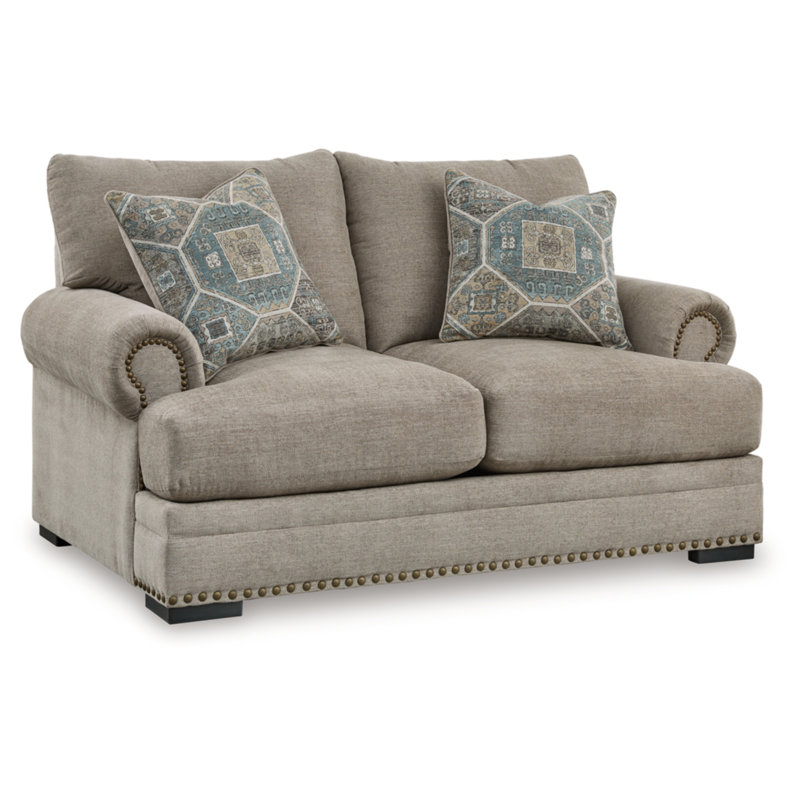 Beige Fabric Rolled Arm Nailhead Loveseat