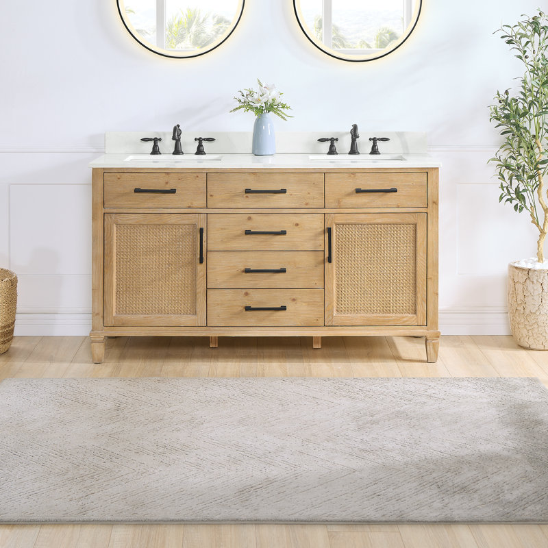 Solana 60" Weathered Fir Double Vanity Base with Rattan Accents
