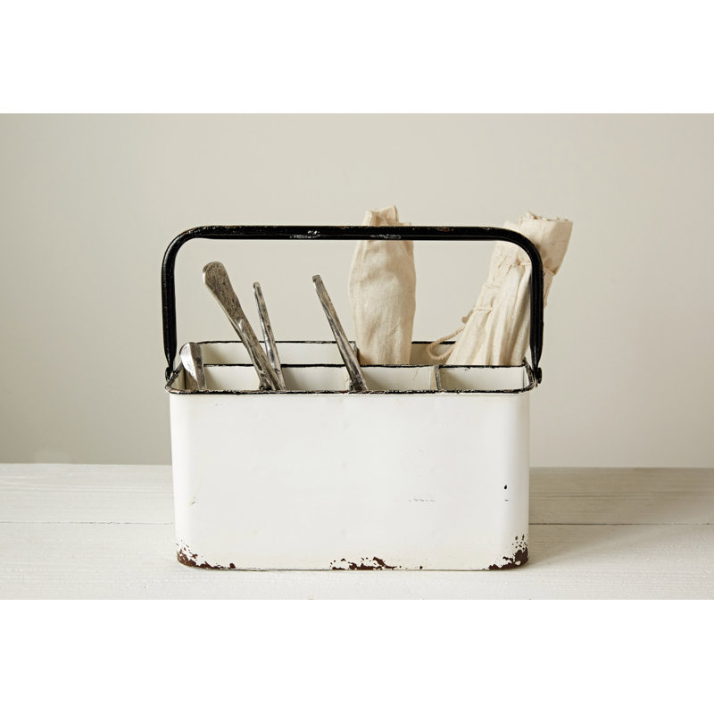 Metal Caddy with 6 Compartments Handle and Distressed Enamel Finish, White