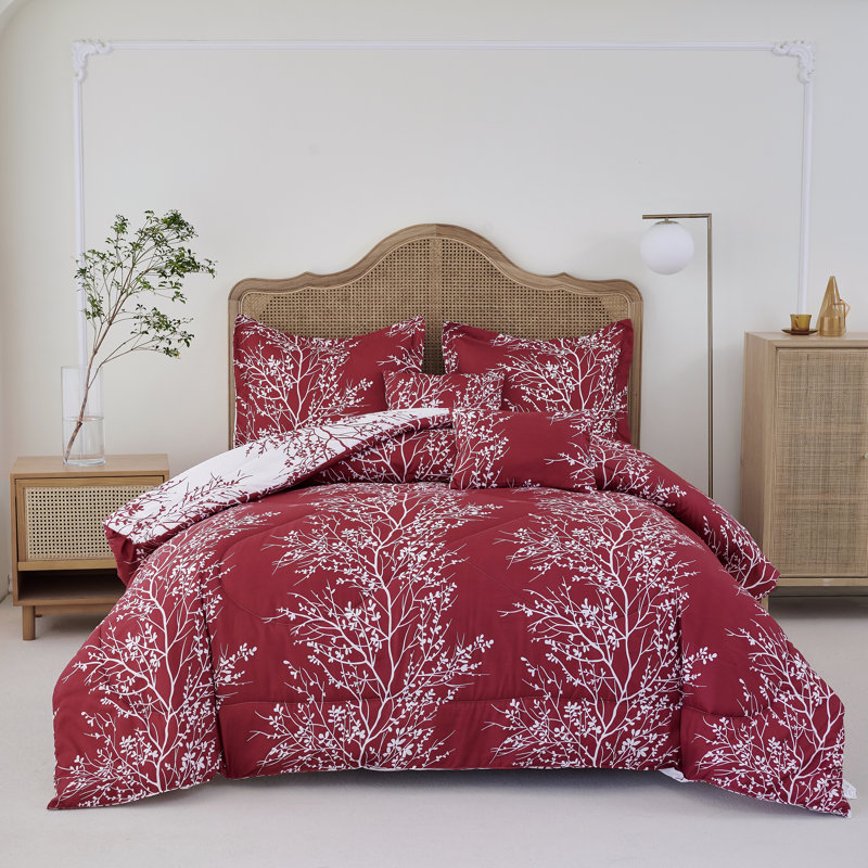 Foliage Reversible Comforter Set, Burgundy/White, Twin Comforter Set + 4 Additional Pieces