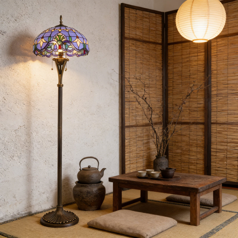 Lampe sur pied en verre teint de style baroque à 3 lumières de 68,9 po de hauteur avec ampoules et interrupteur à chaîne