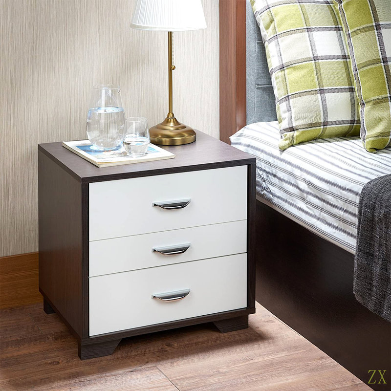 Table de chevet à finition bicolore avec 3 tiroirs pour la chambre à coucher, le salon et le placard, Blanc